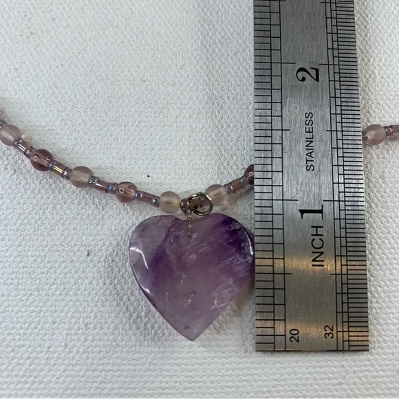 Purple Amethyst Crystal Heart Pendant Necklace Beaded Gemstone Long Delicate 23" - Picture 14 of 15